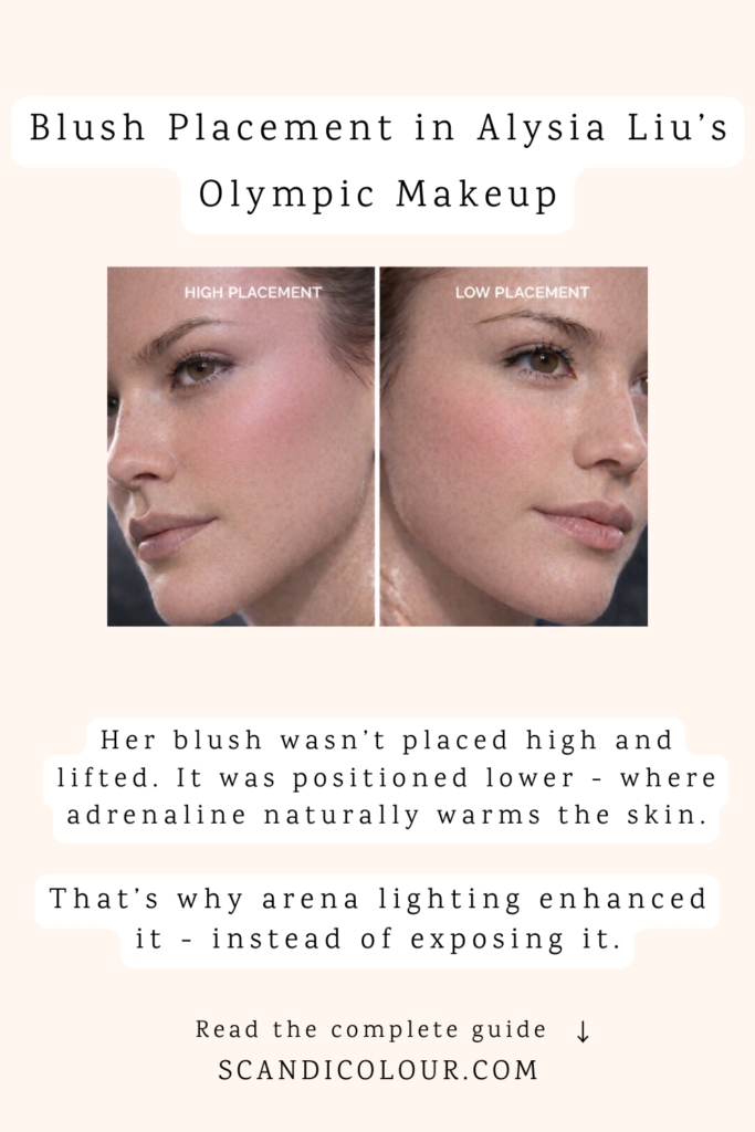 Comparison of high vs low blush placement in Olympic figure skating makeup, showing how lower placement enhances natural warmth under arena lighting.