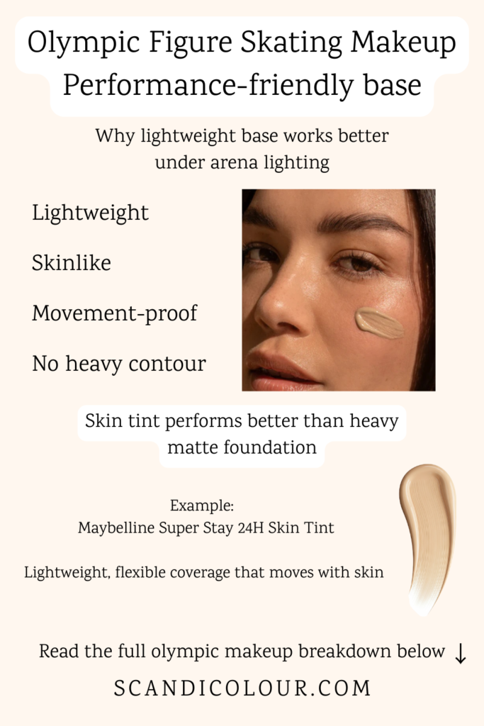 Lightweight skin tint base compared to heavy matte foundation, showing natural skin-like finish suitable for arena lighting and athletic performance.