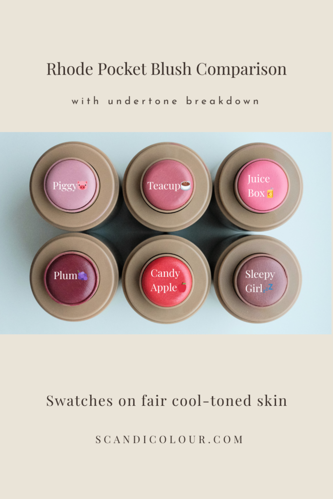 Comparison of Rhode Pocket Blush shades with names Piggy, Teacup, Juice Box, Plum, Candy Apple, and Sleepy Girlz, showcasing swatches on fair cool-toned skin.