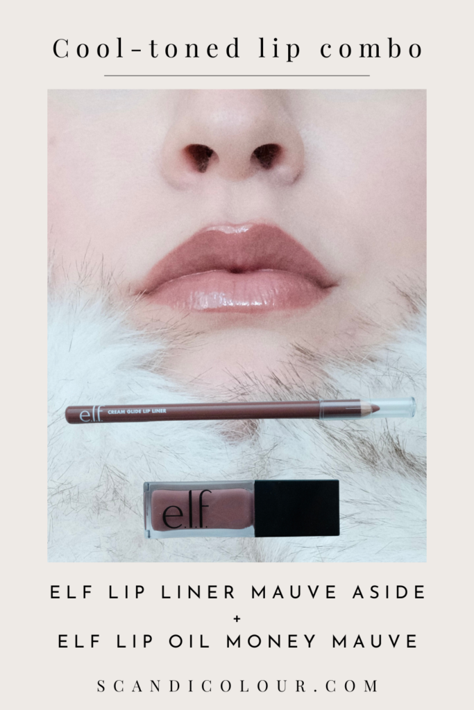 Close-up of lips with a cool-toned mauve lip combo using e.l.f. Cream Glide Lip Liner in Mauve Aside and e.l.f. Lip Oil in Money Mauve, creating a soft glossy finish.