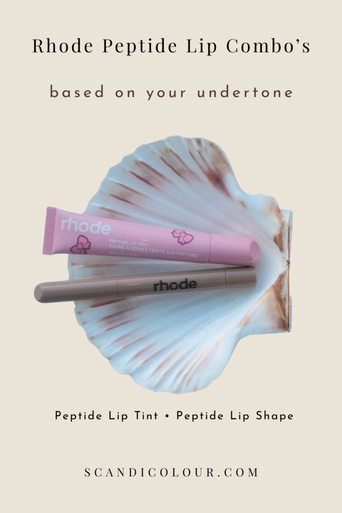 Rhode peptide lip tint and lip liner styled on a seashell, illustrating lip combo ideas based on undertones. Minimal aesthetic with soft neutral tones.
