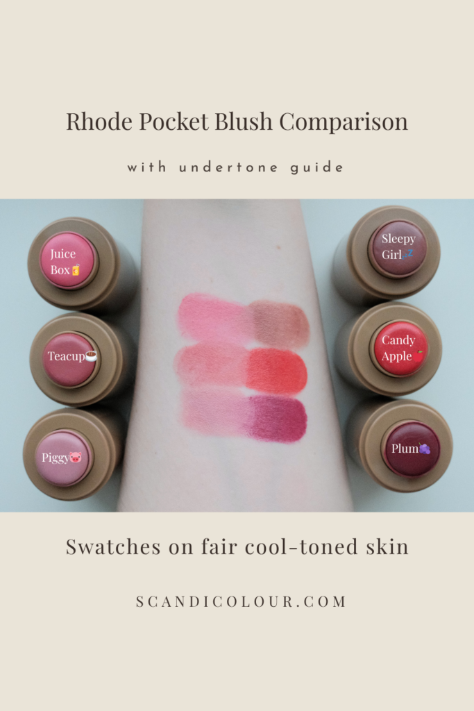 Comparison of Rhode Pocket Blush shades with swatches on fair cool-toned skin, featuring Juice Box, Teacup, Piggy, Sleepy Girl, Candy Apple, and Plum.