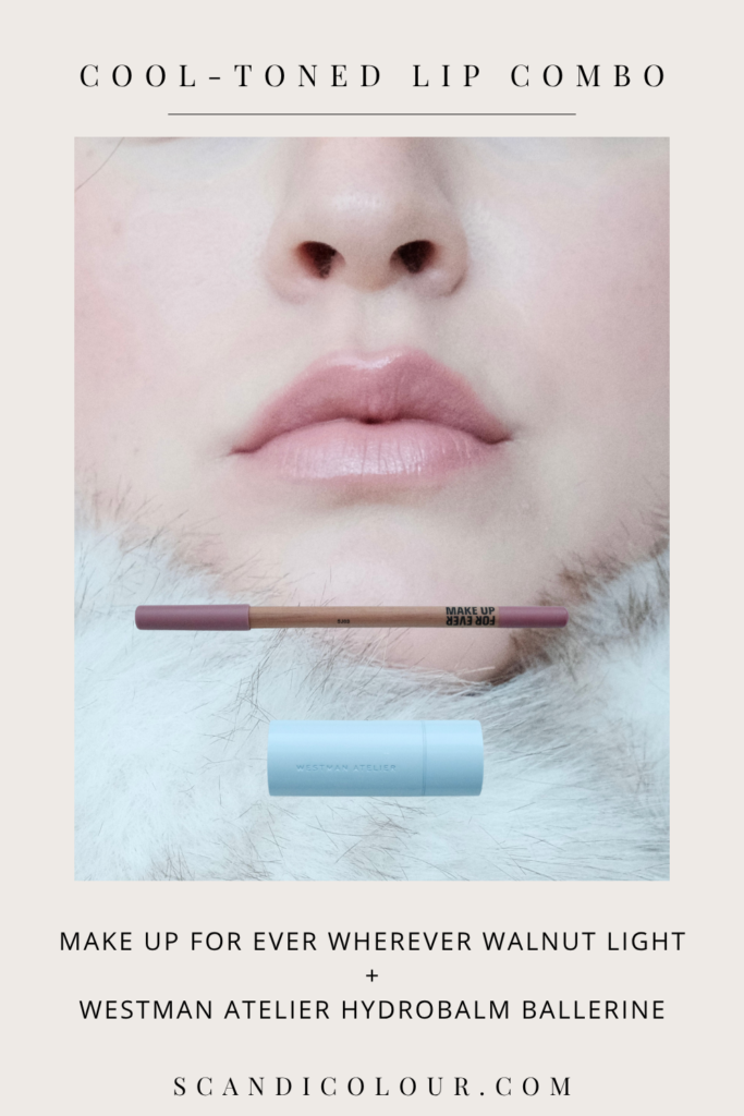 Close-up of lips with a soft cool pink lip combo using Make Up For Ever Wherever Walnut Light lip liner and Westman Atelier HydraBalm in Ballerine, creating a natural hydrated look.