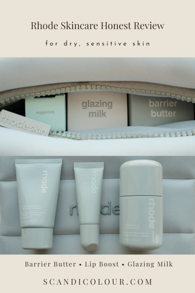 Rhode Skincare products including Barrier Butter, Lip Boost, and Glazing Milk for dry, sensitive skin, displayed in a light-colored pouch.