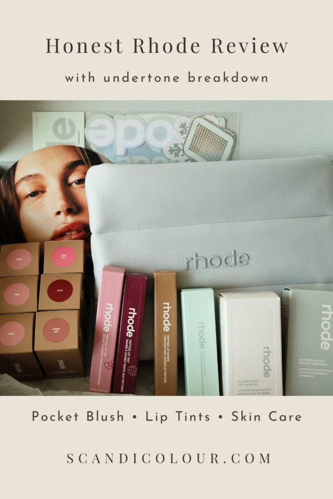 Flat lay of Rhode beauty products including pocket blush in multiple shades, peptide lip tints, and skincare in minimalist packaging, set in front of a model image. Focus on undertones and shade selection.