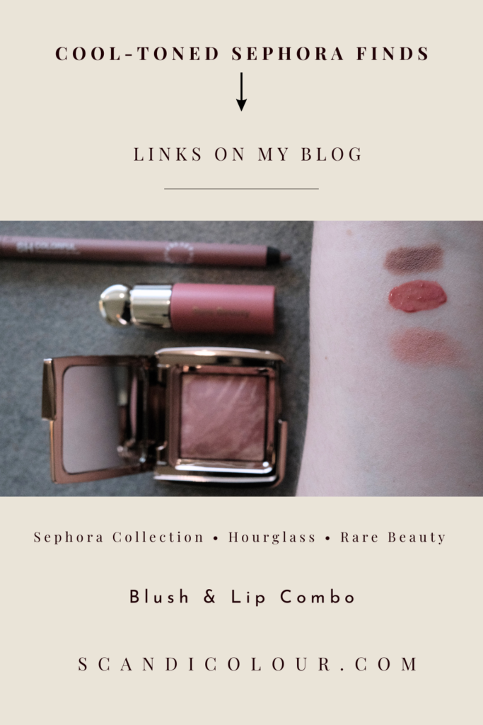 Flat lay of cool-toned makeup products including Sephora Collection lip liner, Rare Beauty Soft Pinch Tinted Lip Oil, and Hourglass Ambient Lighting Blush with swatches on skin in mauve and rosy tones.