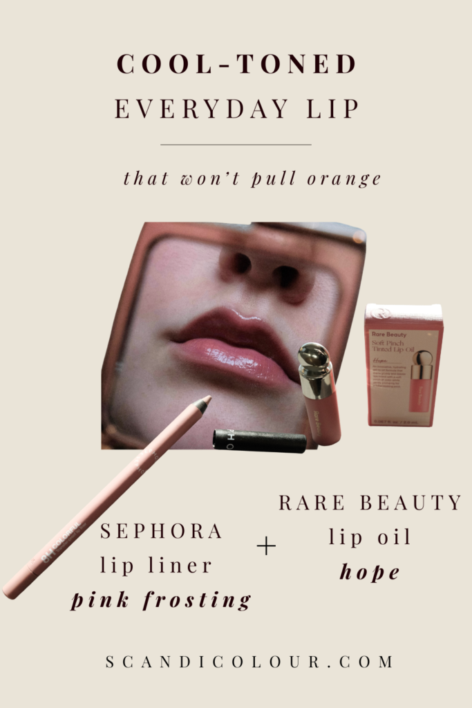 Close-up of glossy cool-toned pink lips paired with Sephora Collection lip liner in Pink Frosting and Rare Beauty Soft Pinch Tinted Lip Oil in Hope.