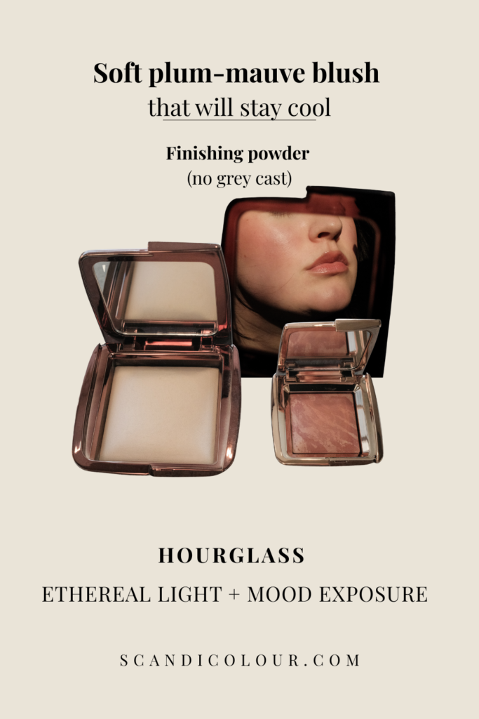 Hourglass Ambient Lighting Blush in Mood Exposure and Ambient Lighting Powder in Ethereal Light with soft plum-mauve tones and a natural glowing finish.