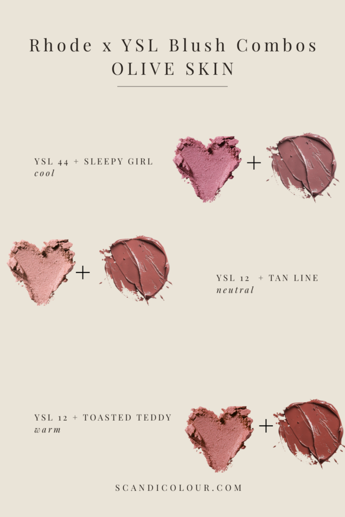 Rhode Pocket Blush x YSL Blush combos. Shade Swatches and recommendations for olive skin.