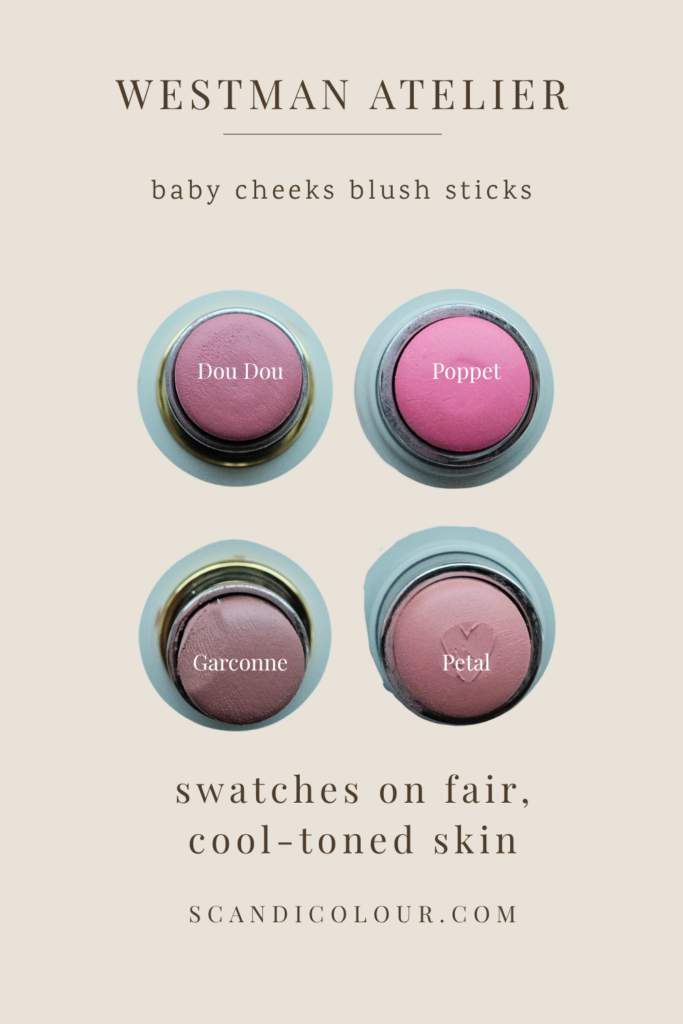 Top view of Westman Atelier blush shades Dou Dou Poppet Garconne and Petal showing color differences