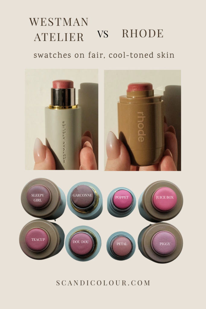Westman Atelier Baby Cheeks blush stick and Rhode Pocket Blush side by side with swatches on fair cool-toned skin