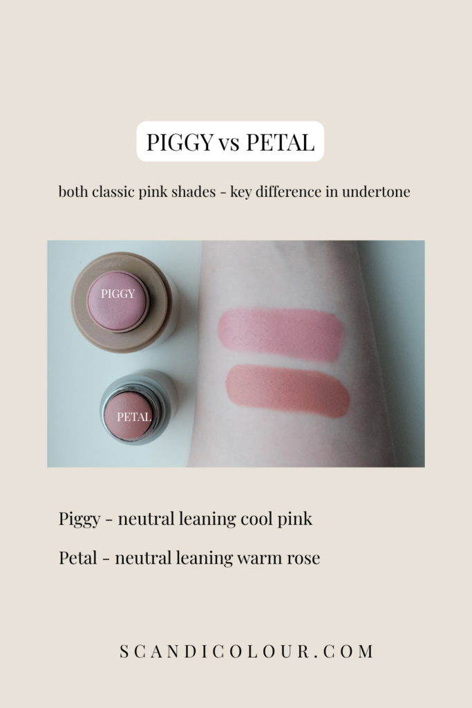 Comparison of Piggy and Petal blush swatches on fair skin showing cool toned pink versus warm leaning pink