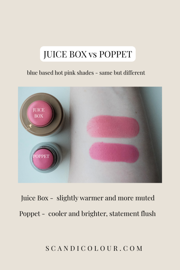 Juice Box and Poppet blush swatches on fair skin comparing warmer muted pink and bright cool toned pink