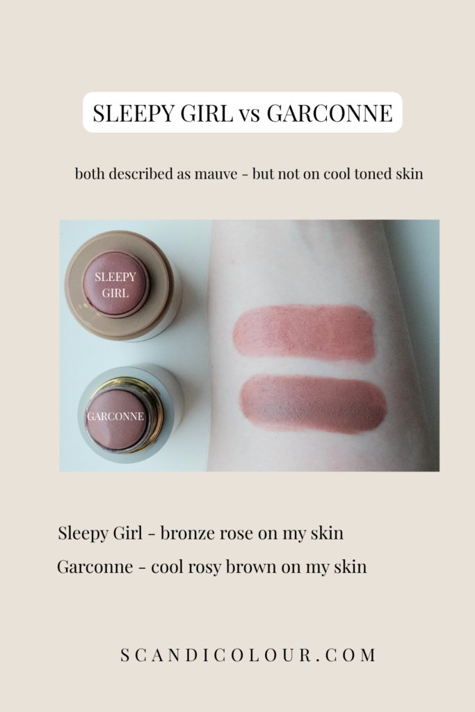 Swatches of Sleepy Girl and Garconne blush on fair skin showing bronze rose versus cool rosy brown tones