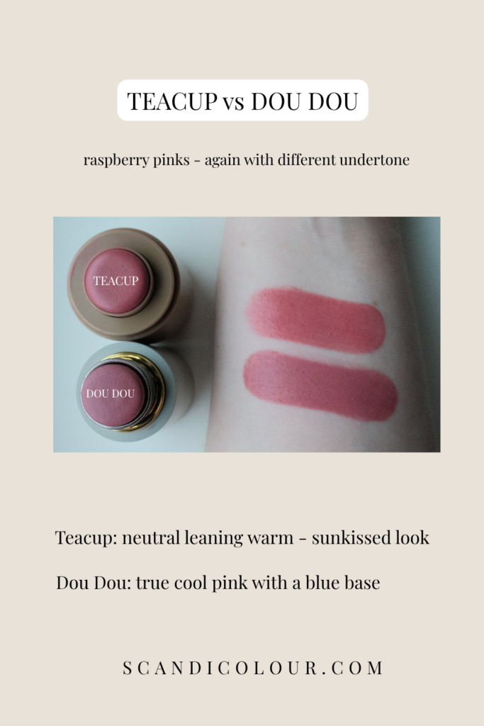Teacup and Dou Dou blush swatches on fair skin comparing warm leaning raspberry pink and cool toned pink